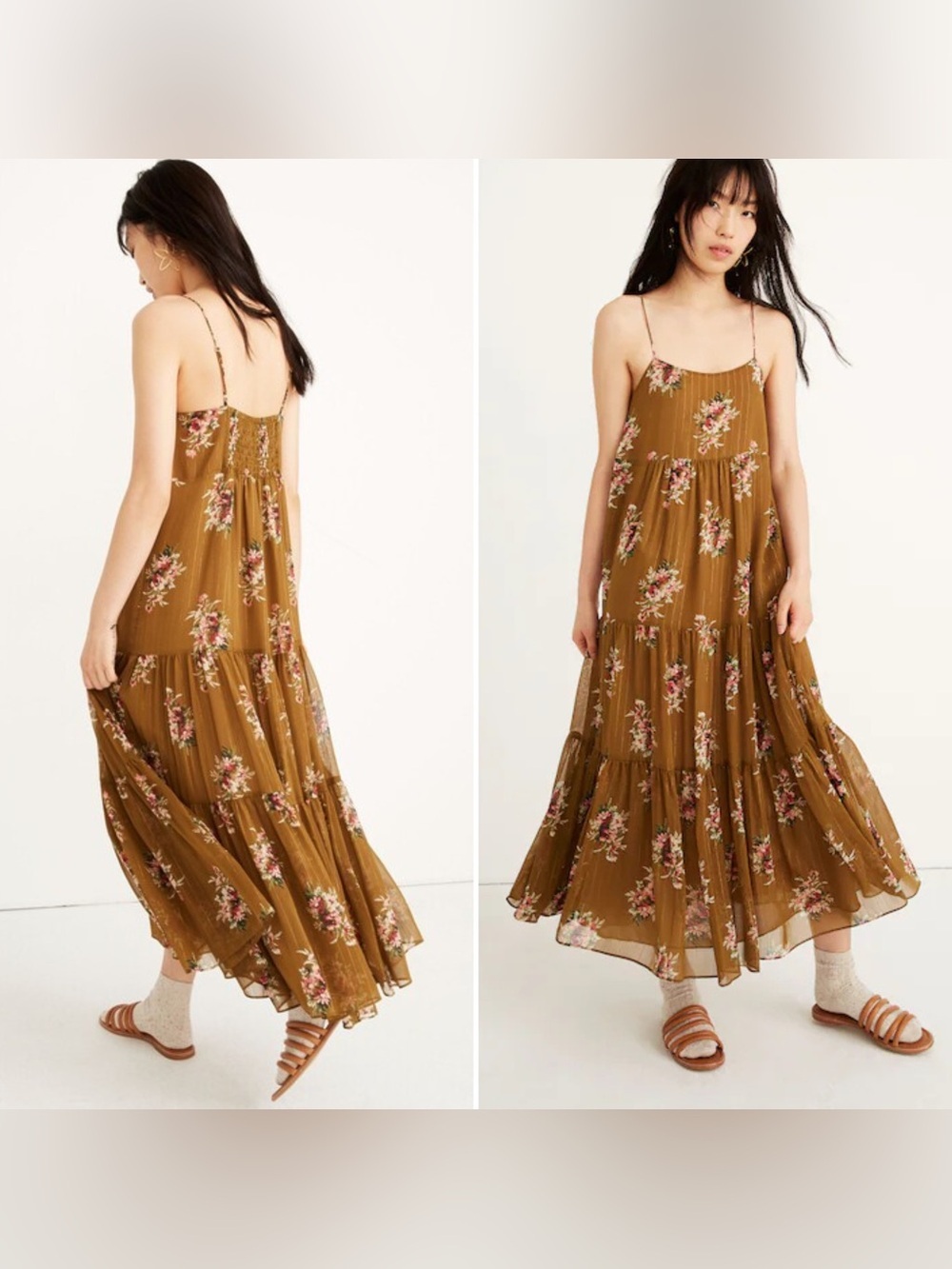Madewell Cami Tier Midi Dress Metallic Classic Corsage Olive Green New Size 12